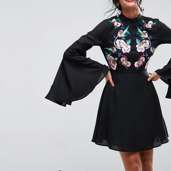 ASOS Dresses & Skirts - ASOS Embroidery Open Back Drama Bell Sleeve Dress